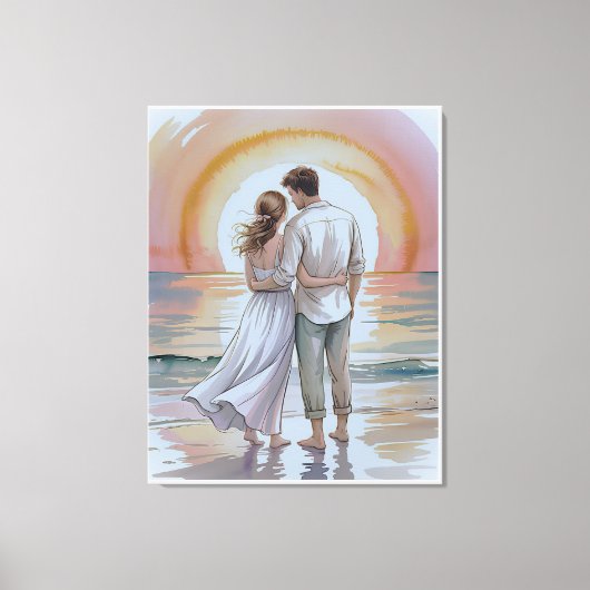 Stel op het strand bij zonsondergang canvas afdruk (Voorkant)