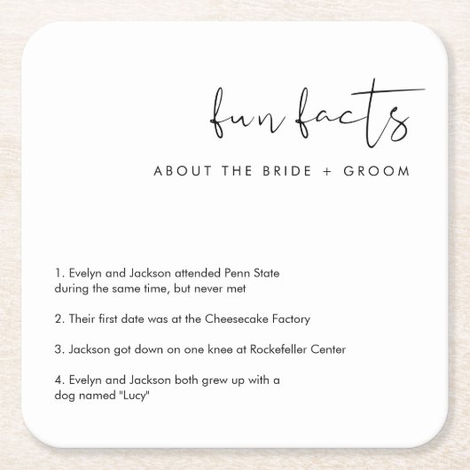 STELLA Fun Facts Over de bruid en bruidegom Kartonnen Onderzetters (Voorkant)