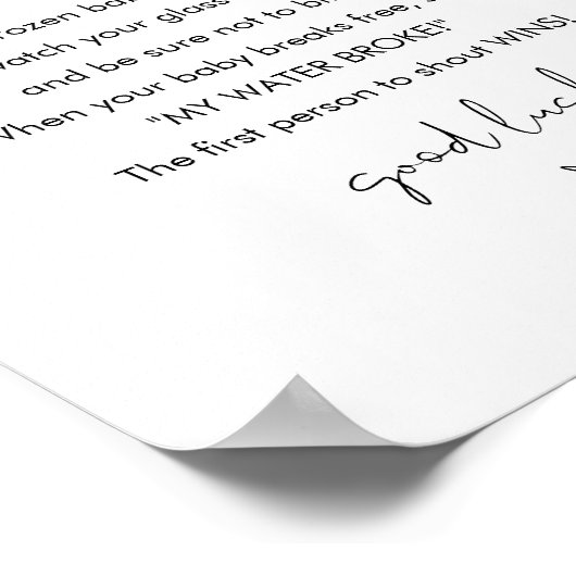 STELLA Mijn Water Broke Baby shower Game Sign Poster (Hoek)