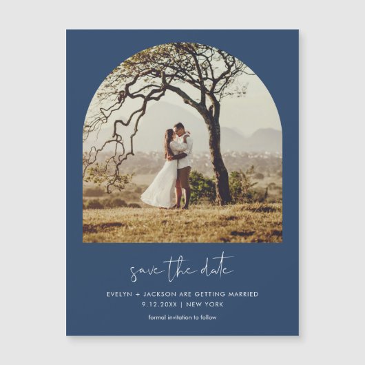 STELLA Moderne boog foto Save The Date Magnet Navy (Voorkant)