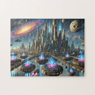 Stellaire Steden Futuristisch Neon Stadslandschap Legpuzzel