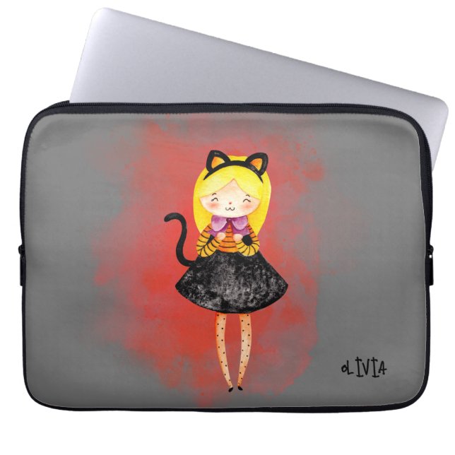 Stellalunarts Cute Girl Halloween Cat Laptop Sleeve (Voorkant)