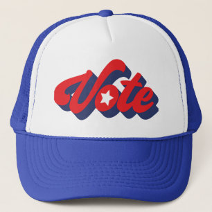 Stem in blauwe rode vetgedrukte letters Trucker Ha Pet