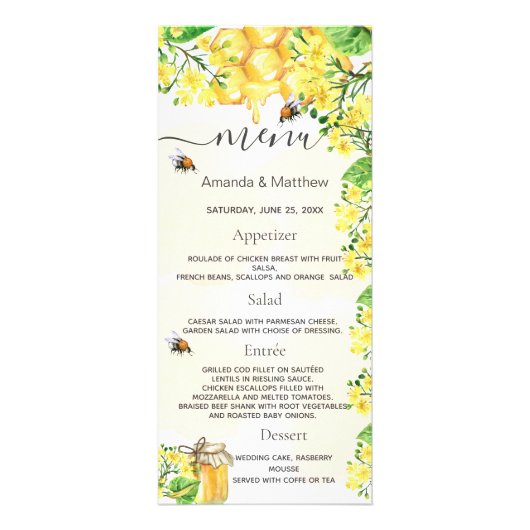 Stembijen honingraatmeel in het huwelijksmenu reclamekaart (Voorkant)