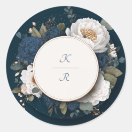 Stemige Navy Blauwe Witte Gouden Bloemencirkel Tro Ronde Sticker