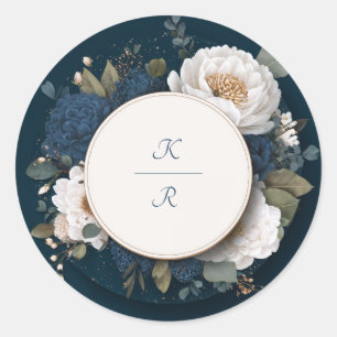 Stemige Navy Blauwe Witte Gouden Bloemencirkel Tro Ronde Sticker