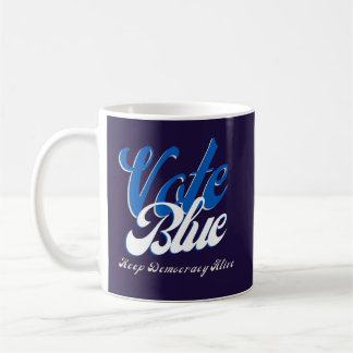 Stemmen tegen blauwe retro-stijl Word Art Koffiemok