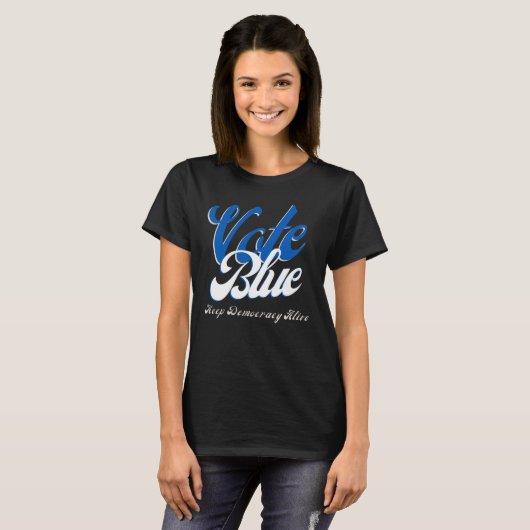 Stemmen tegen blauwe retro-stijl Word Art T-shirt (Voorkant volledig)