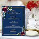 Stemmenfloralen blauw bogundy<br><div class="desc">Een elegant bohemisch boho-stijl trouwmenu. Veer en waterkleurige rozen in de Bourgogne. Sjablonen voor uw namen,  datum en het trouwmenu. Een faux gouden lijst en een chemische marineblauwe achtergrond. Gulden gekleurde letters. Achterzijde: blauwe achtergrond voor de marine.</div>