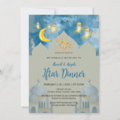 Stemmig Blau Aquarel Moskee Iftar-diner Kaart (Voorkant)