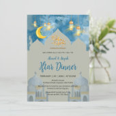 Stemmig Blau Aquarel Moskee Iftar-diner Kaart (Staand voorkant)