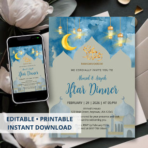 Stemmig Blau Aquarel Moskee Iftar-diner Kaart