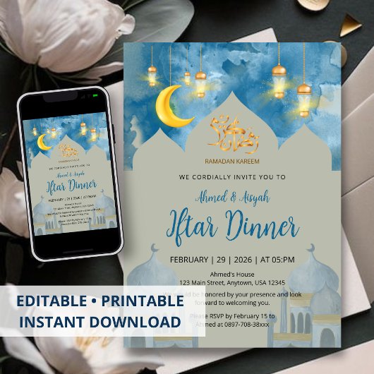 Stemmig Blau Aquarel Moskee Iftar-diner Kaart
