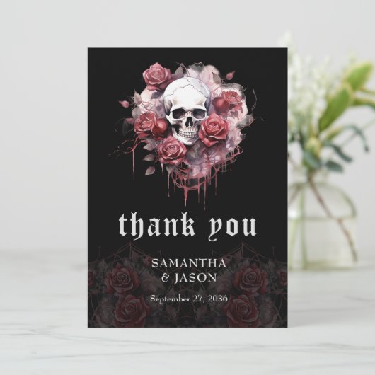 Stemmige Donkere Gotische Bloemrijke Schedel Hallo Bedankkaart (Staand voorkant)