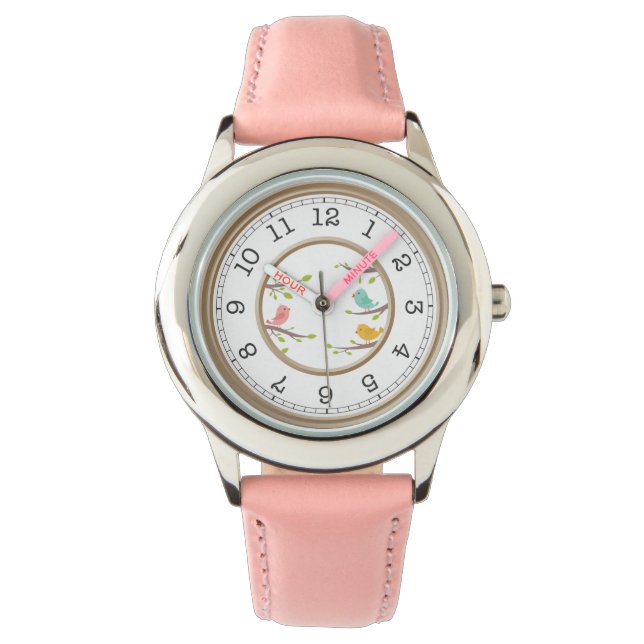 Stempel roze met vogelhorloge horloge (Voorkant)