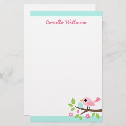 Stempel roze vogel met ei op de eigen naam briefpapier (Voorkant / Achterkant)