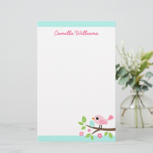 Stempel roze vogel met ei op de eigen naam briefpapier (Staand voorkant)