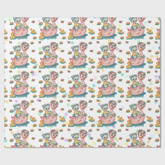 Stempel roze zwenkblad en blauw Beer ompakpapier Cadeaupapier (Vlak)