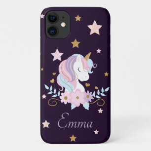 Stempel Unicorn met bloemen en sterren op zwart Case-Mate iPhone Case