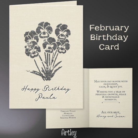 Stempel Violet Pansy Februari Geboorte Bloem Linne Kaart
