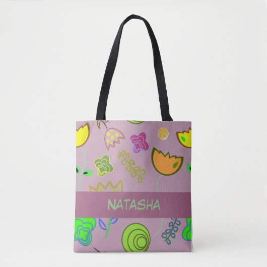 Stempelbloemen op paars tote bag (Voorkant)