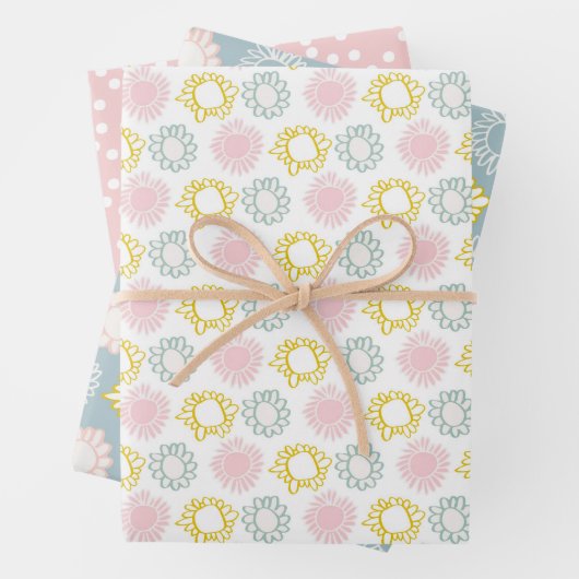 Stempeldevebloemen, pokadots en stripes inpakpapier vel (In situ)