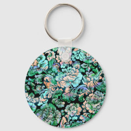 Stencil Floral in groen en perzik Sleutelhanger