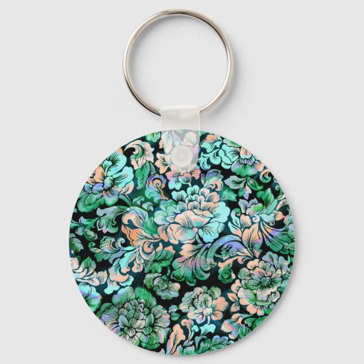 Stencil Floral in groen en perzik Sleutelhanger (Voorkant)
