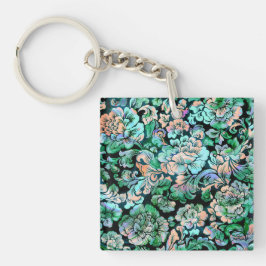 Stencil Floral in groen en perzik Sleutelhanger