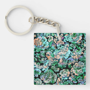 Stencil Floral in groen en perzik Sleutelhanger