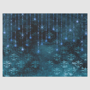 Stencil Flowers en Lichten op Blauwe Decoupage Tissuepapier