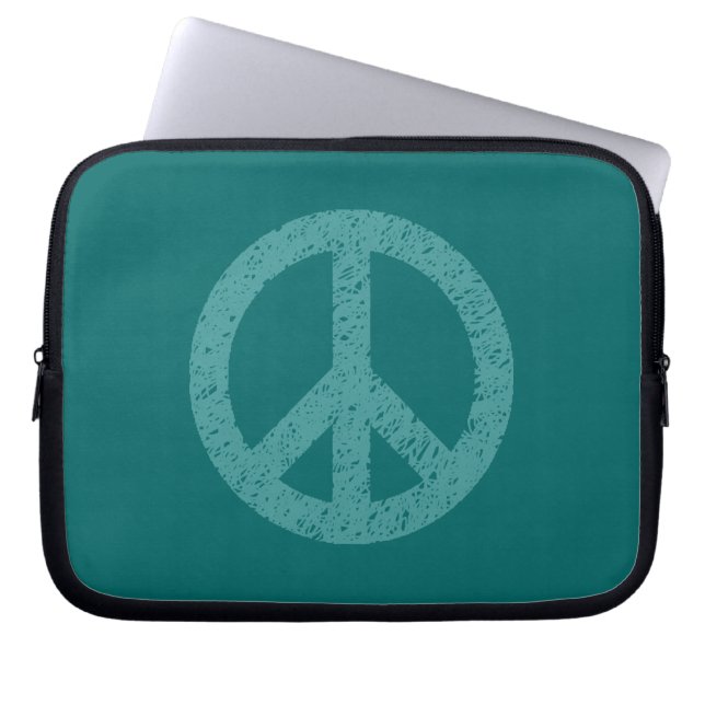 Stenciled Peace Symbol - Ocean Grn over Blauwgroen Laptop Sleeve (Voorkant)