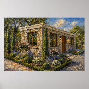 Stenen Cottage Roos en Lavendel Tuin Olie Schilder Poster