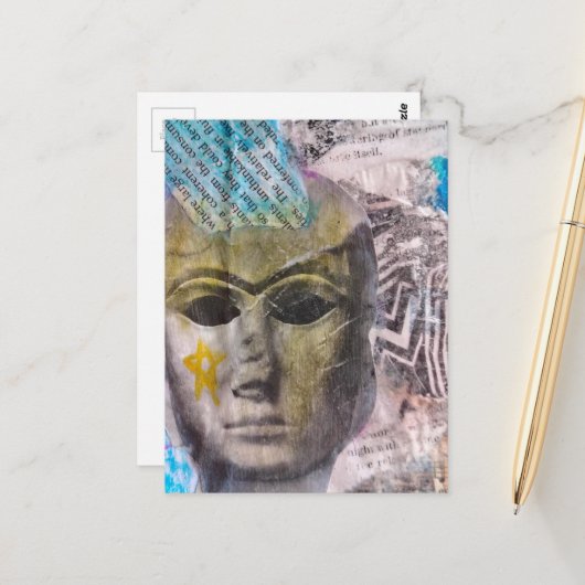 Stenen dame gezicht Abstract Mixed Media Collage Briefkaart (Voorkant / Achterkant in situ)
