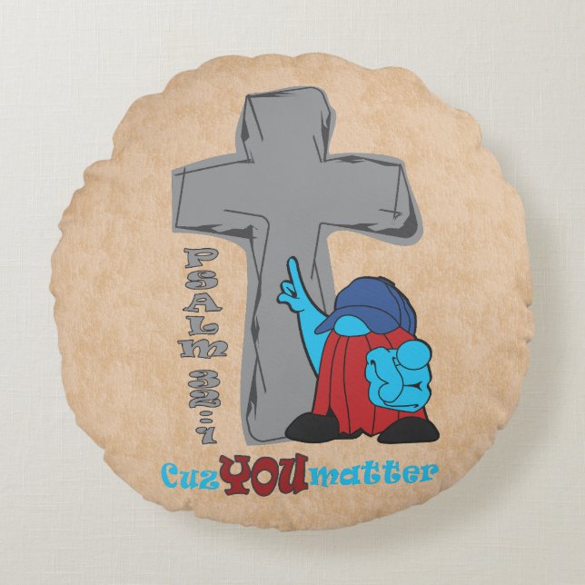 Stenen Kruis Omdat Jij Ertoe Doet Psalm 32 1 Rond Kussen (Voorkant)