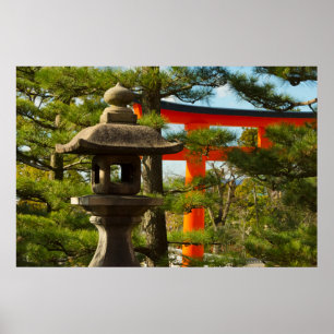 Stenen lantaarn en Torii-poort Poster