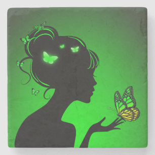 Stenen onderzetter vrouw groene vlinders