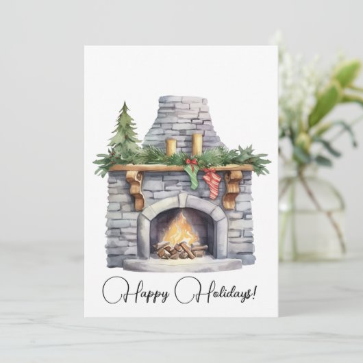 Stenen open haard & kerstkousen Waterverf Feestdagenkaart (Staand voorkant)
