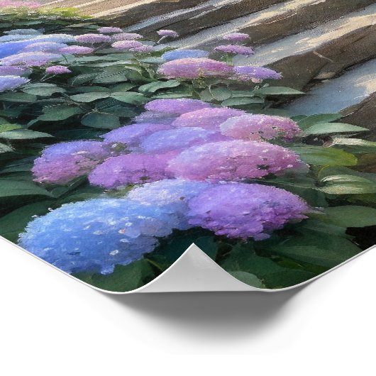 Stenen tuintrap met Hydrangea's Romantisch Poster (Hoek)