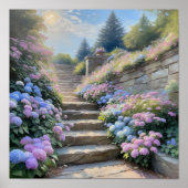 Stenen tuintrap met Hydrangea's Romantisch Poster (Voorkant)