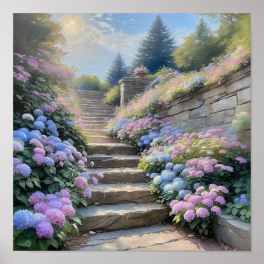 Stenen tuintrap met Hydrangea's Romantisch Poster (Voorkant)