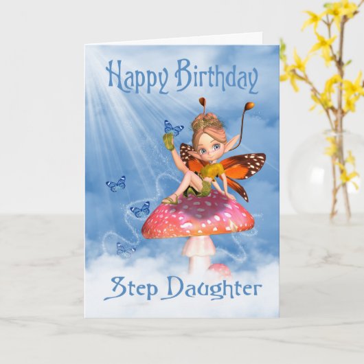 Step Daughter Verjaardag Kaart - Schattigee fee op (Gele Bloem)
