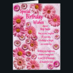 Step Sister Speciale Verjaardagswensen Roze Daisie<br><div class="desc">Een mooie verjaardagskaart voor een stiefzus. Een prachtige verjaardagskaart vol roze madeliefjes. Een mooi,  oprecht vers maakt het heerlijke gevoel compleet dat deze kaart met zich meebrengt. stuur oprechte verjaardagswensen naar iemand speciaal.</div>
