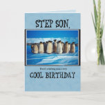 Step Son Birthday, Penguins Kaart<br><div class="desc">Wish a very happy Birthday to your Step Son with this great card in blue,  white and black coconto. These penguins from the South Pole are ready for the party.</div>