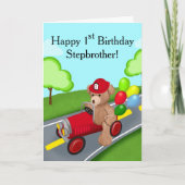 Stepbrother 1st Birthday Teddy Bear Firetruck Kaart (Voorkant)