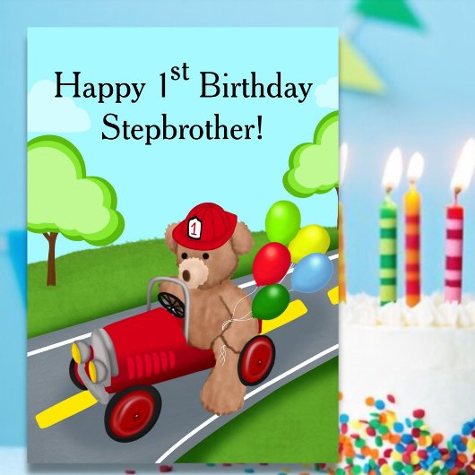 Stepbrother 1st Birthday Teddy Bear Firetruck Kaart