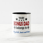 Stepdad Bonus Pap Stepfather Birthday Fathers Dag Tweekleurige Koffiemok<br><div class="desc">Verras je stiefvader met deze speciale mok om hem te laten weten hoeveel je hem waardeert als je bonusvader. Voeg jouw naam, of de namen van alle kinderen toe. Je bonusvader zal onder de indruk zijn van deze speciale gave. Creëer een geschenk door t-shirt, bal pet, en/of wenskaart toe te...</div>