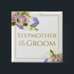 Stepmoeder van de Groom Elegant Floral Wedding Vierkante Button 5,1 Cm<br><div class="desc">Mooie badge of knop, ontworpen om de stiefmoeder van de bruidegom te identificeren bij je trouwdouche of een repetitief diner. Met een elegant ontwerp met gouden randen en letters en een boeket met lentbloemen, inclusief rozen, orchideeën, calla lilies en hydrangea. Het pastelbloemige thema maakt dit een mooi plezier of geschenk....</div>