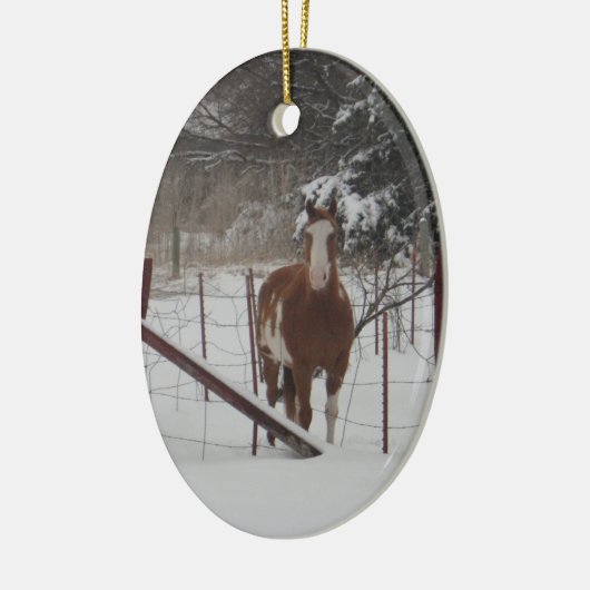 Stepper in de sneeuwversiering keramisch ornament (Links)