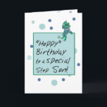 Stepson Frog in Jeans, Birthday, Polka Dots Kaart<br><div class="desc">Send your Stepson birthday greetings with this delightful card. A frog is sitting atop the Happy Birthday message box waving his wishes. Blue and green polka dots fill the background setting off the frog's jeans and striped t-shirt.</div>